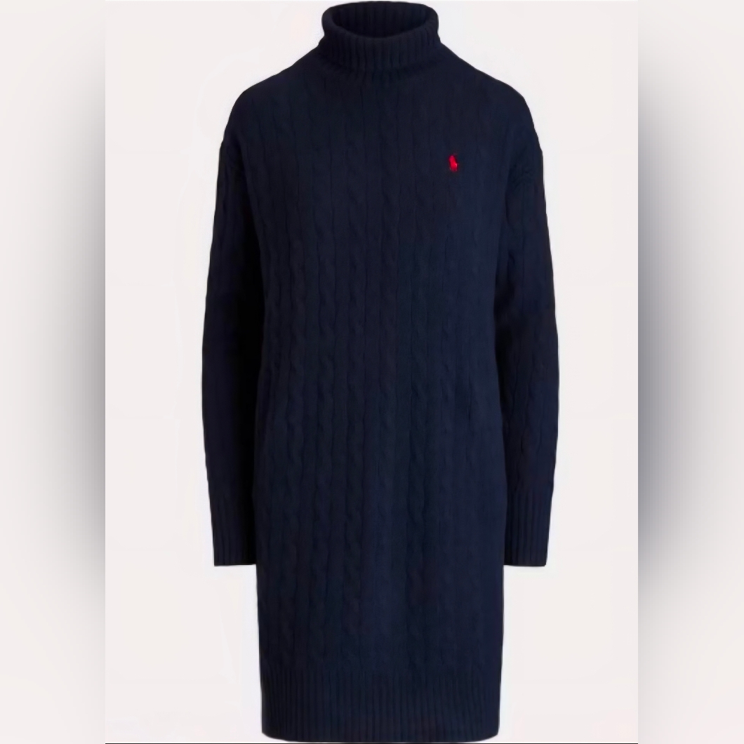 Polo Ralph Lauren Wool Cashmere Funnel Neck Cable Knit Sweater Dress M Navy Blue